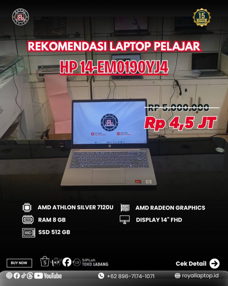 Laptop LATOP SECOND HP 14-EM0190YJ4 AMD ATHLON SILVER 7120U RAM 8 GB SSD 512 GB AMD RADEON GRAPHICS DISPLAY 14″ FHD second di Jogja