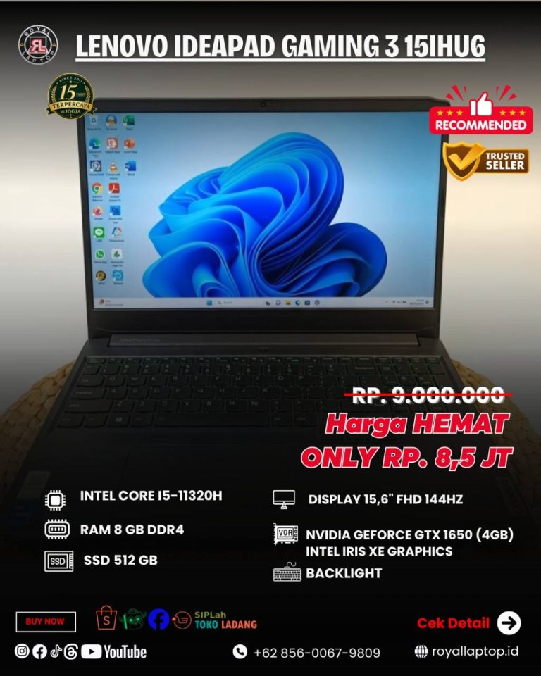 Laptop LAPTOP SECOND LENOVO IDEAPAD GAMING 3 15IHU6 LIKE NEW second di Jogja