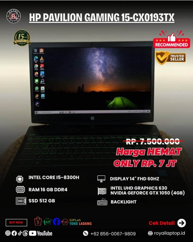 Laptop LAPTOP SECOND HP PAVILION GAMING 15-CX0193TX second di Jogja