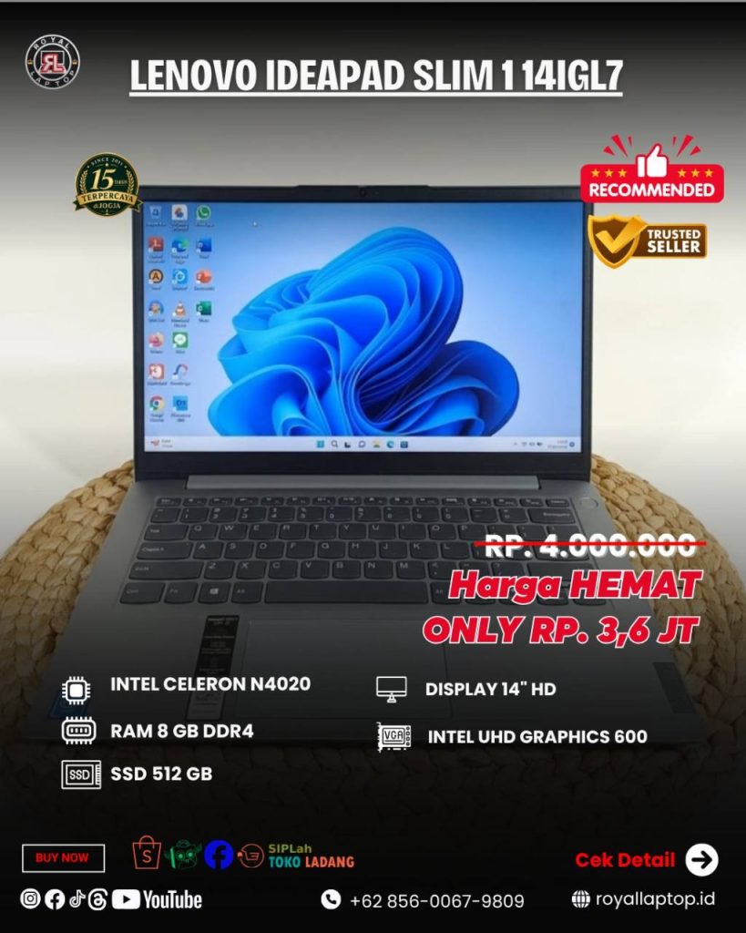 Laptop LAPTOP SECOND LENOVO IDEAPAD SLIM 1 14IGL7 second di Jogja