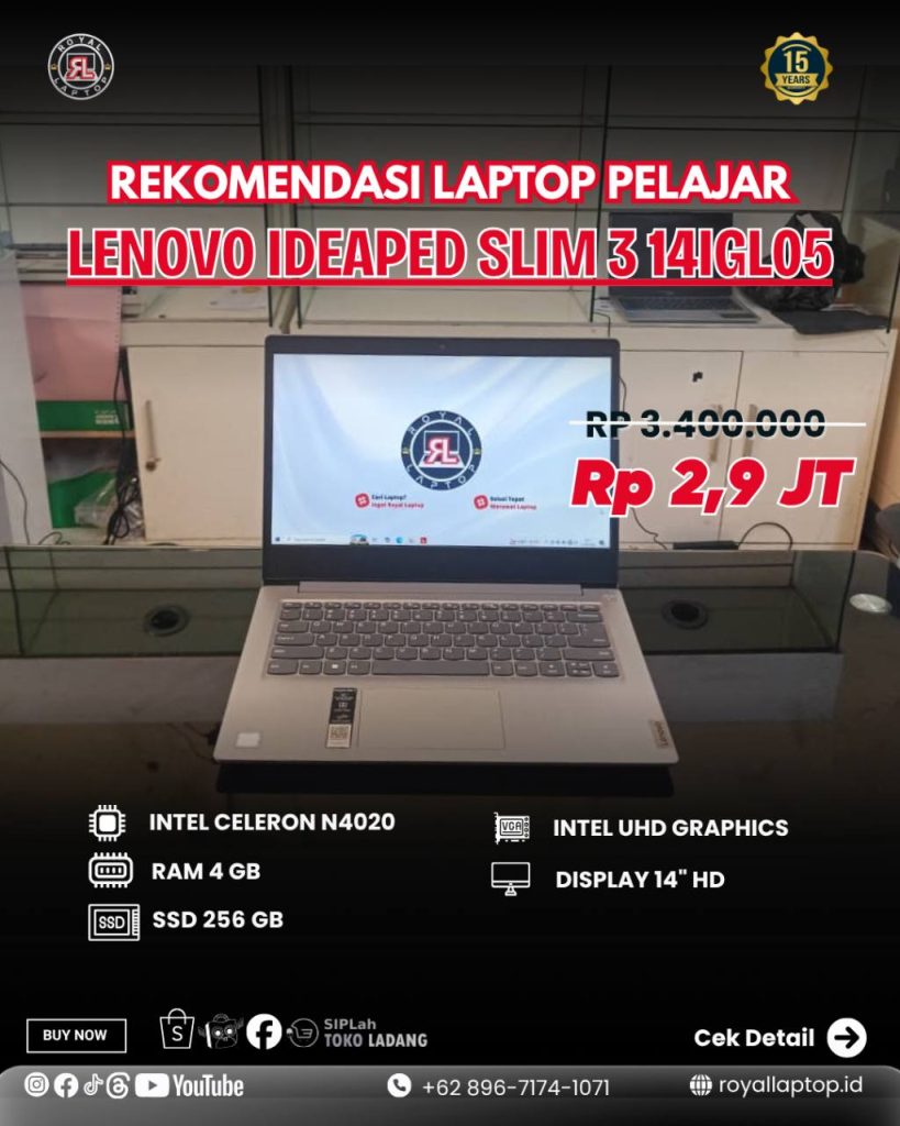 Laptop LAPTOP SECOND LENOVO IDEAPED SLIM 3 14IGL05 second di Jogja